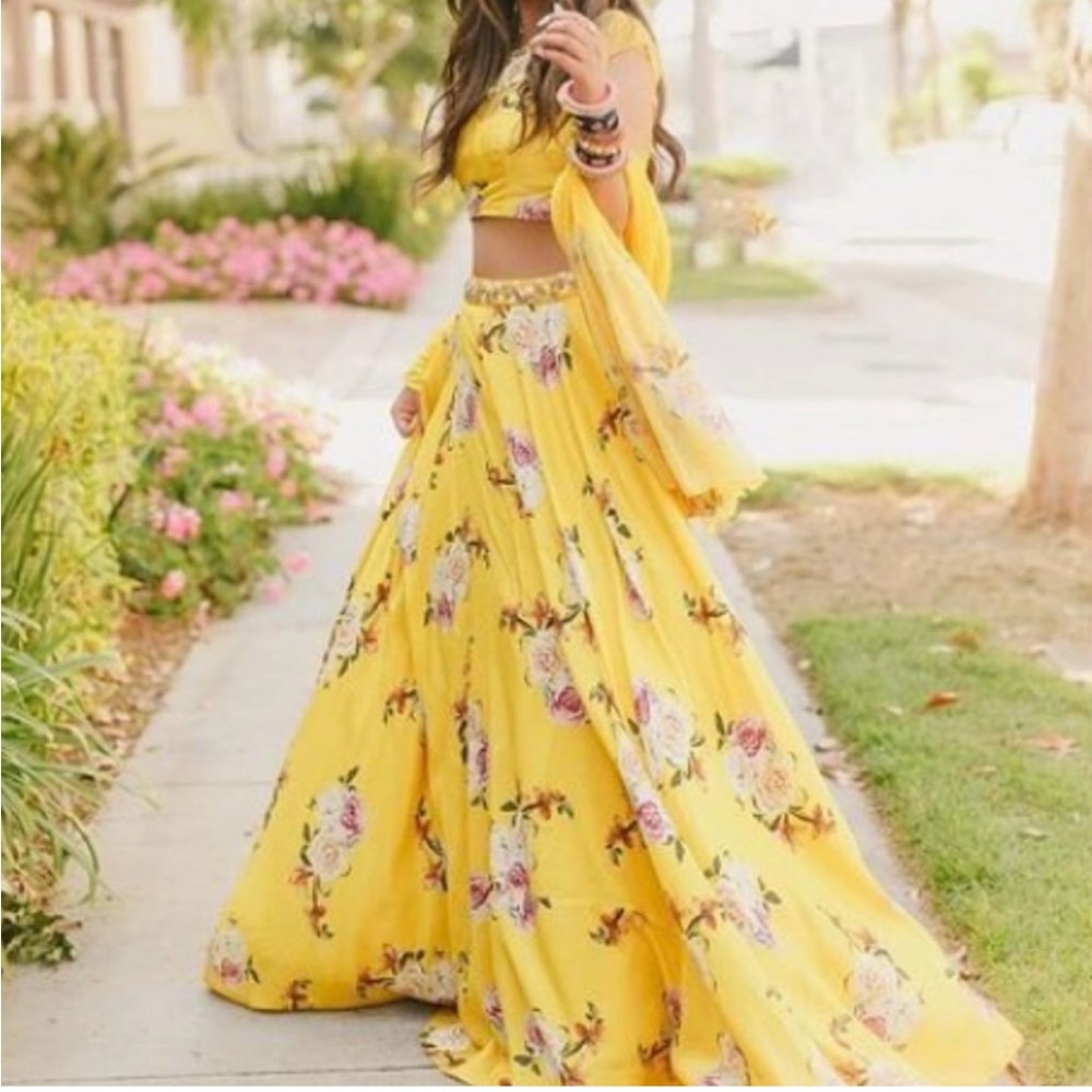 Yellow with pink flowers - lehenga